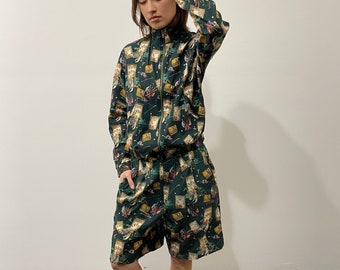 womens all over print matching golf shorts and jacket set / 80s bomber jacket pleated shorts