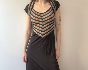 vintage black maxi dress / 70s lurex chevron stripe dress / 1970s long stretchy disco dress / sexy bandage body con v neck jersey dress