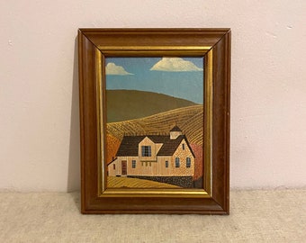 vintage Truart wood framed pastoral print / mid century wood frame bucolic print / naive folk art