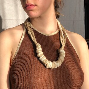 vintage natural fiber wrapped necklace / neutral minimal beachy fabric necklace image 4