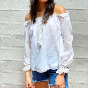 vintage white gauze cotton ruffle neck blouse / off the shoulder victorian prairie blouse / cottagecore lace peasant top