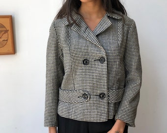 vintage 50s houndstooth wool jacket / 1950s black and white plaid blazer