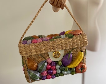 1950s straw fruit basket top handle bag / 50s structured straw handbag