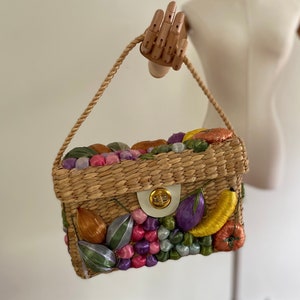 1950s straw fruit basket top handle bag / 50s structured straw handbag