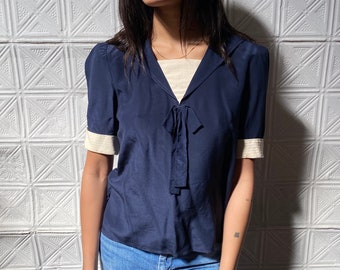 vintage Oscar de la Renta silk blouse / 80s ODLR nautical sailor top / navy blue silk shirt