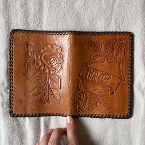 70s tooled leather wallet / 1970s leather bifold billfold with rose and RC initials