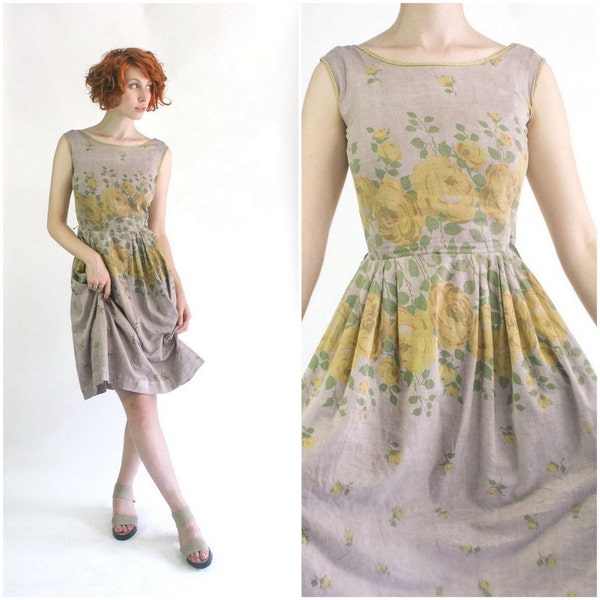 vintage 50s yellow rose print day dress / 1950s Nelly Don floral dress