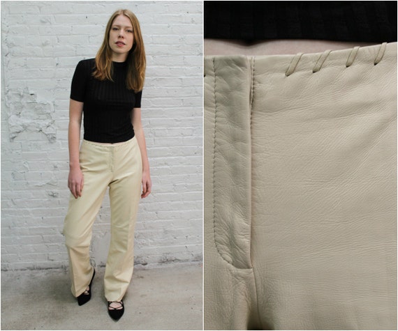 vintage Cache off white leather flare pants / crea