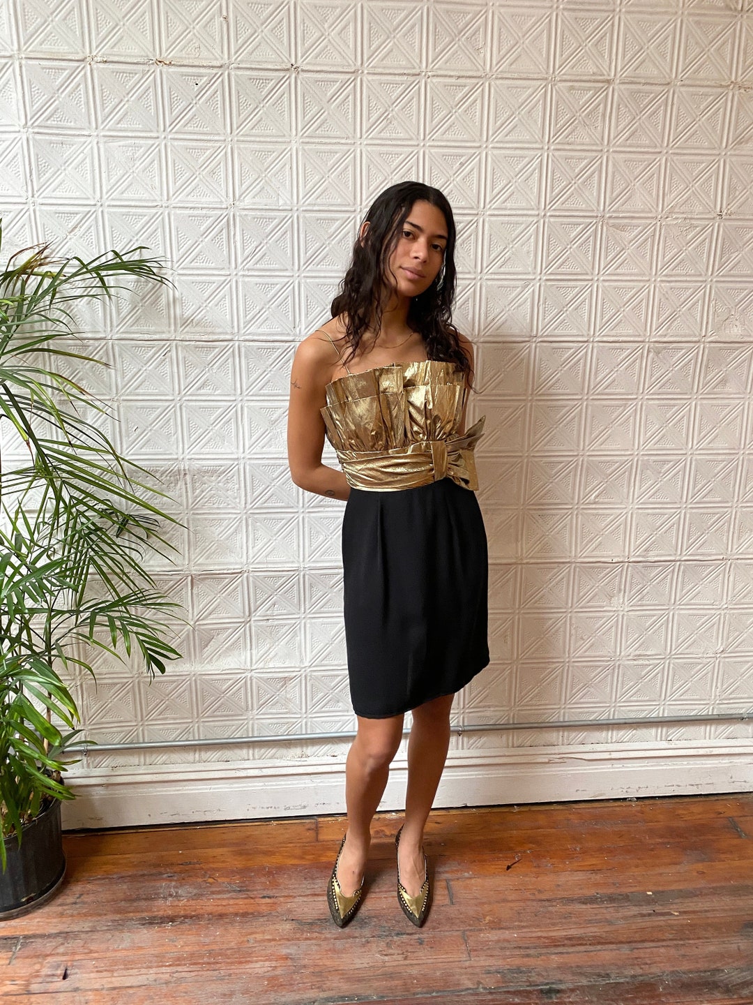 Vintage 80s Prom Dress / 1980s Black and Gold Metallic Cocktail Party ...
