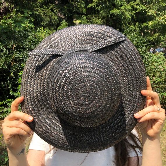 vintage black straw hat / raffia straw sun hat