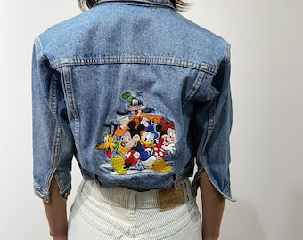 vintage kids shrunken denim jacket / mickey mouse applique embroidered back patch