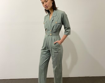 vintage sage jumpsuit / womens khaki cotton one piece 80s jumpsuit