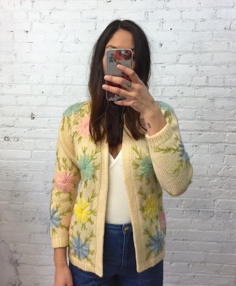 Vintage 60s flower embroidery sweater 1960s cream knit cardigan floral embroidery flower power cardi