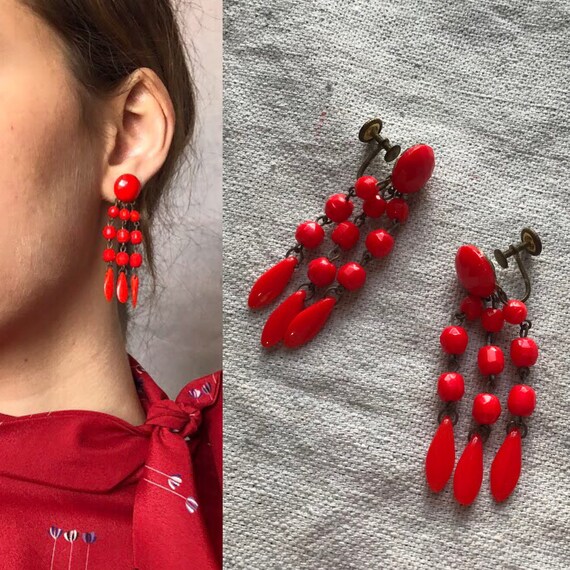 vintage red resin chandelier clip earrings / 50s s