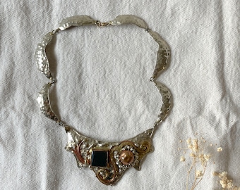 80s hammered silver choker / vintage mixed metal brutalist necklace