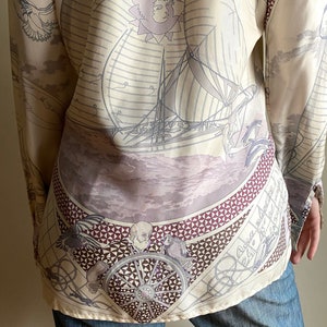 vintage Hermes silk button down / RARE silk Hermes shirt Voyage au long cours par Hermes Paris