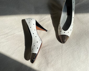 vintage black and white polka dot heels / 80s leather polka dot pumps / 1980s studded leather stilettos