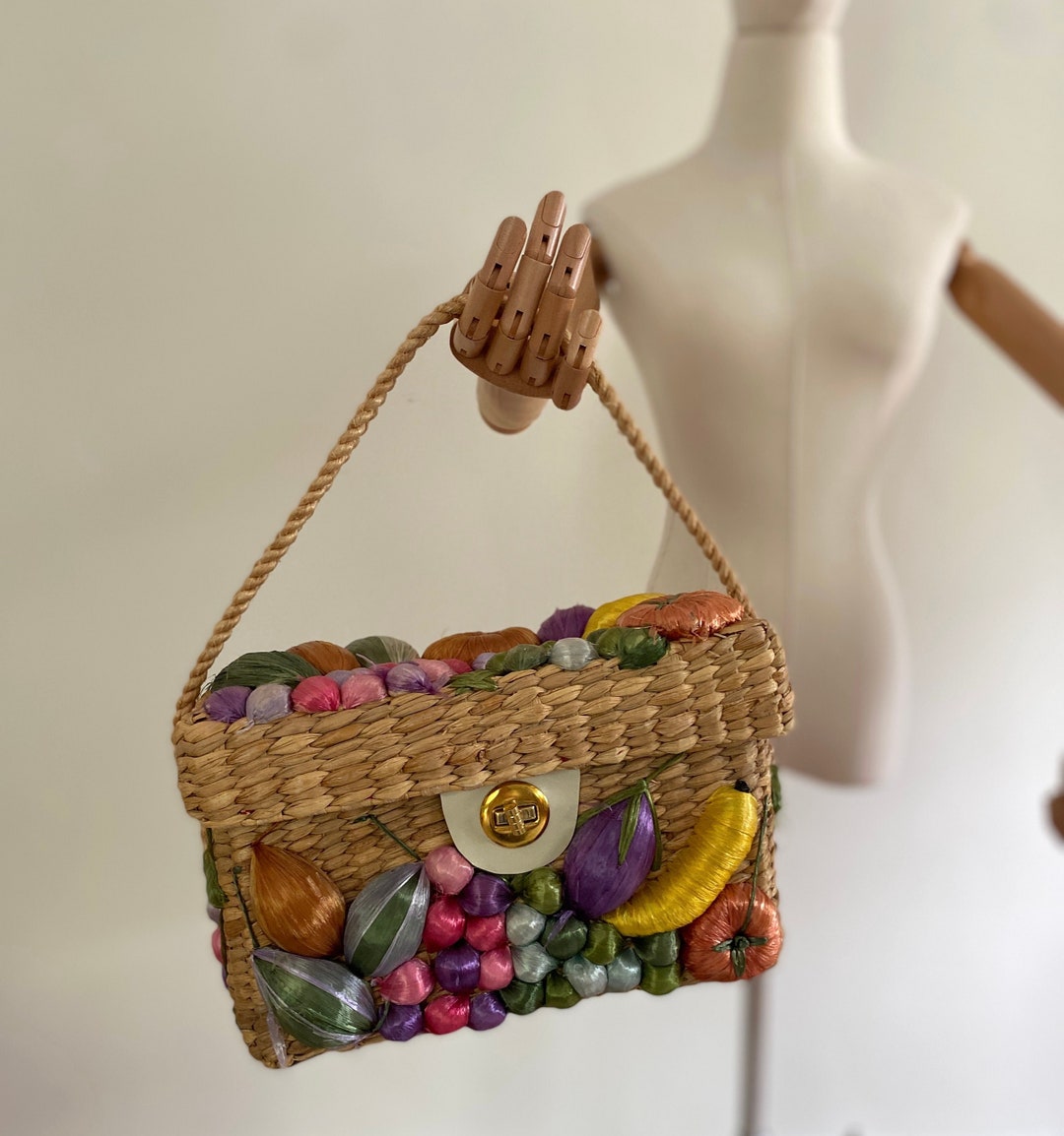 1950s Straw Fruit Basket Top Handle Bag / 50s Structured Straw Etsy