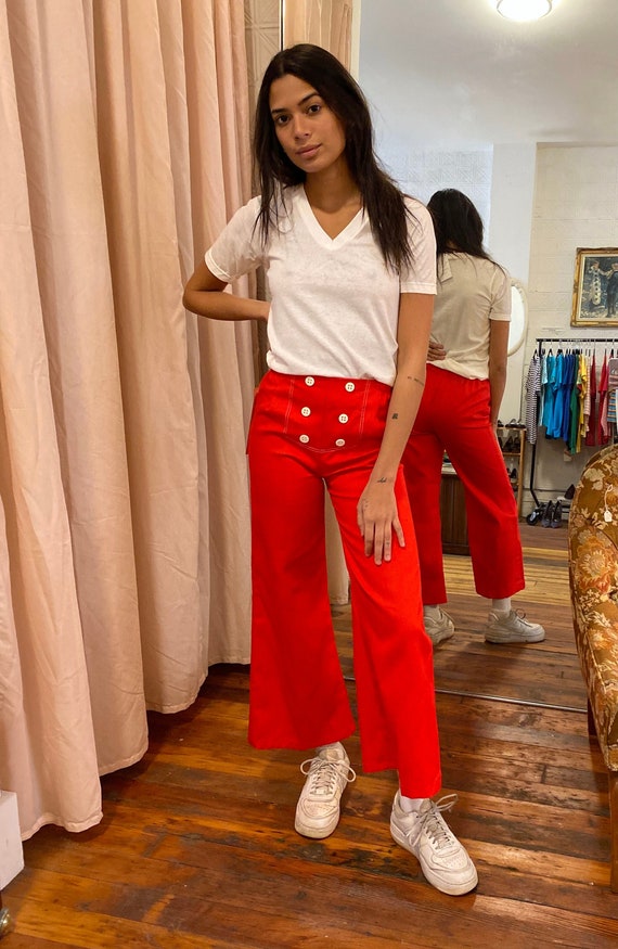 Vintage Sailor Pants / 60s Red High Waisted Flare Pants / 