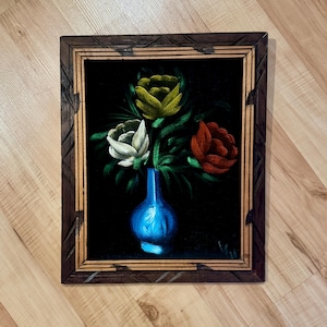 vintage Folk Art floral black velvet painting Made in Mexico carved wood frame / midcentury still life painting