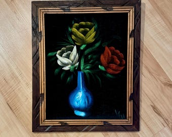 Vintage Black Velvet Still Life Painting Roses in Vases Pink Red