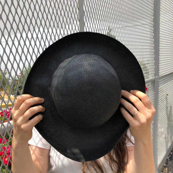 vintage straw hat / black sun hat / black straw ha