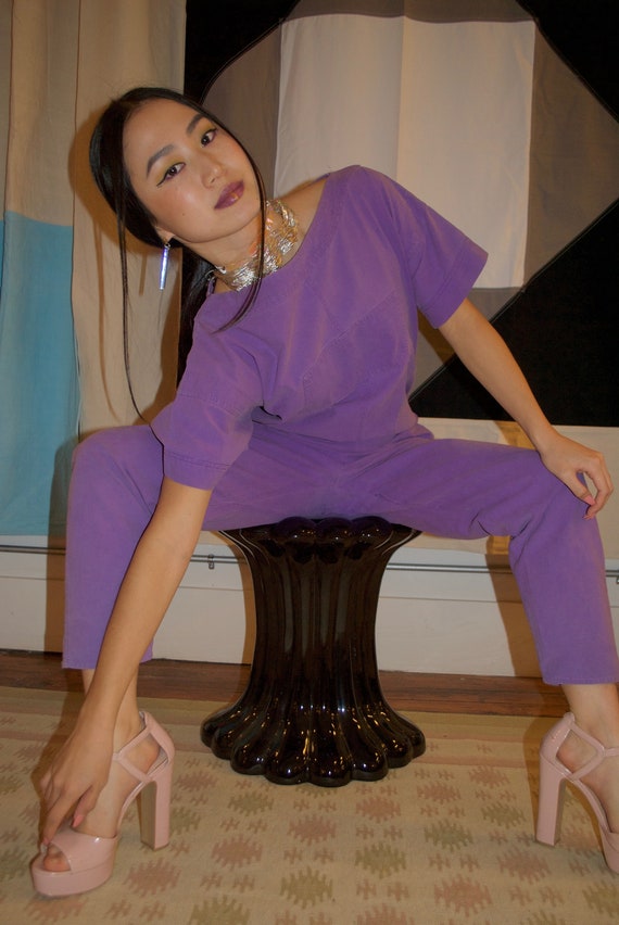 vintage lilac denim jumpsuit / 1980s purple denim