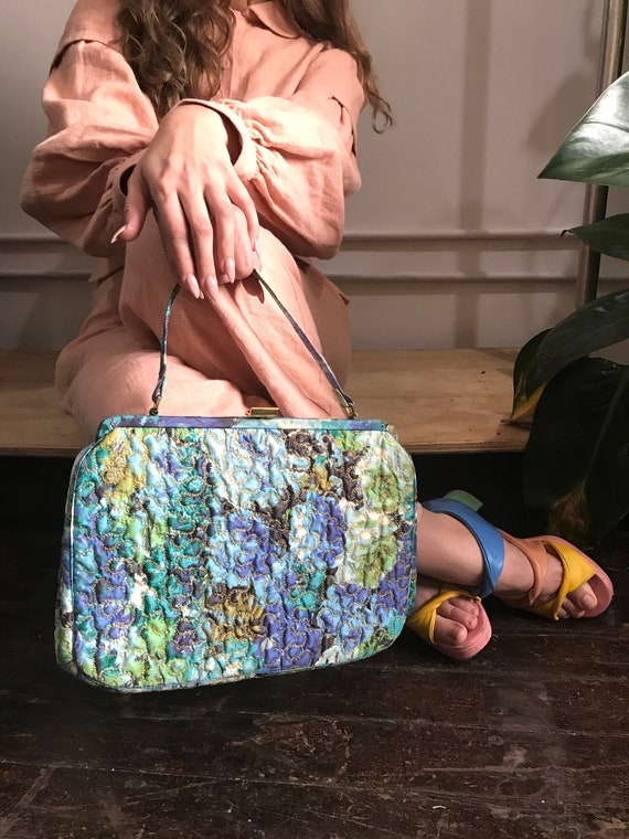 1950s abstract floral top handle bag / 50s quilted