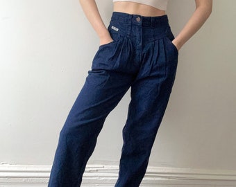 vintage dark wash jeans / 80s high waist pleated denim / 1980s womens high waisted tapered jeans