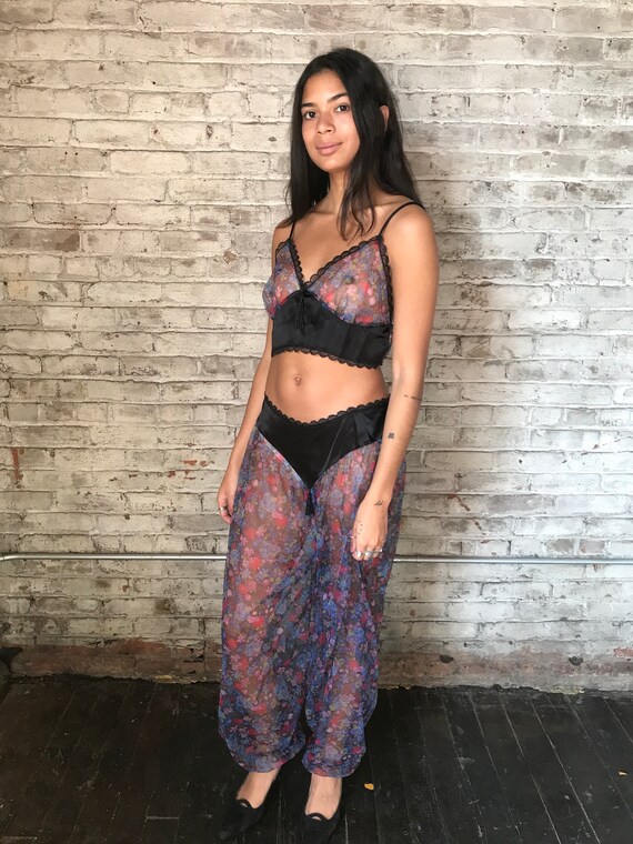 vintage lingerie set / 1980s sheer floral print ge