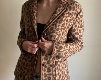vintage Talbots merino wool leopard print blazer / 90s fuzzy sweater knit animal print jacket