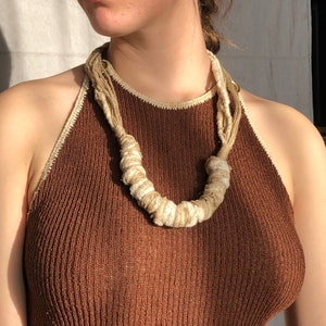 vintage natural fiber wrapped necklace / neutral minimal beachy fabric necklace image 1