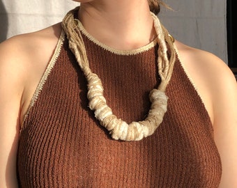 vintage natural fiber wrapped necklace / neutral minimal beachy fabric necklace