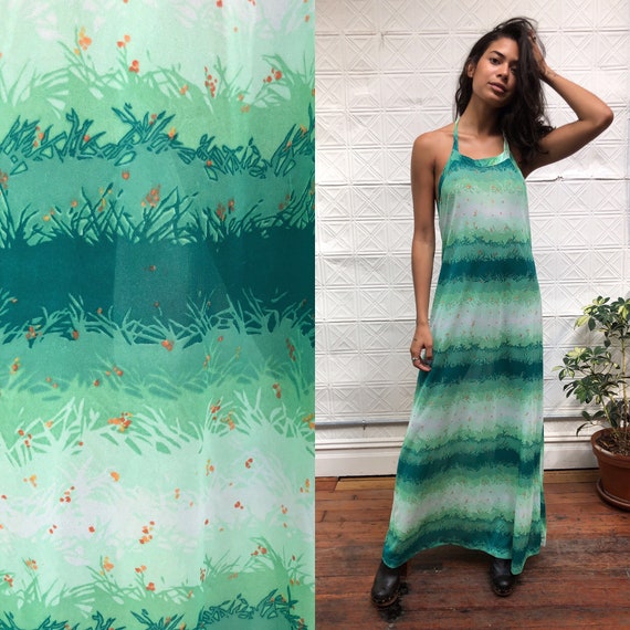 vintage Huk a poo halter maxi dress / green floral
