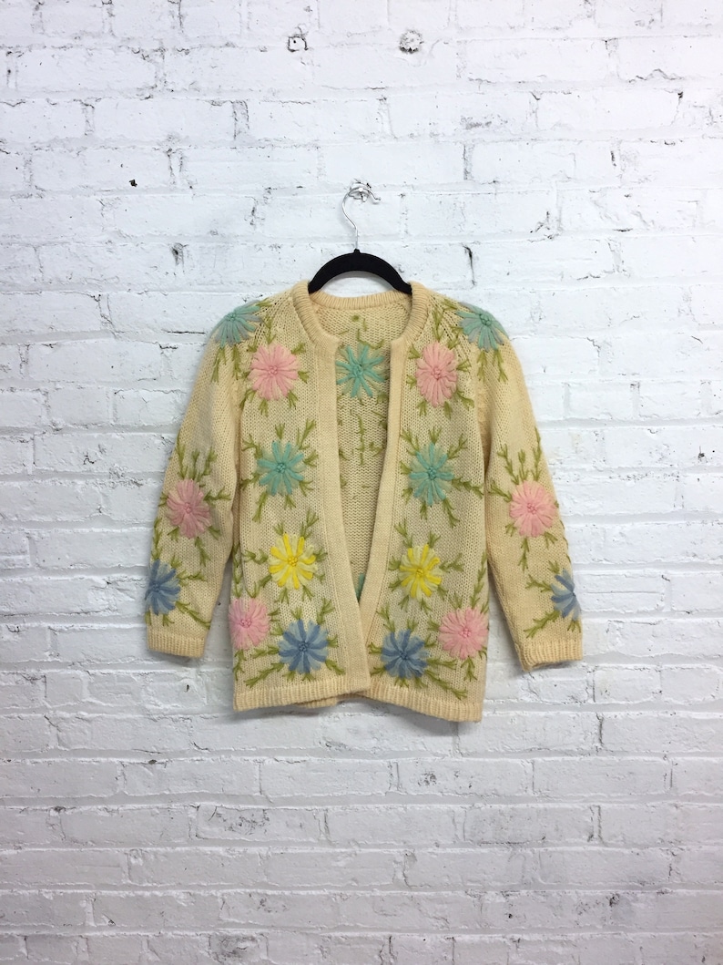 Vintage 60s flower embroidery sweater 1960s cream knit cardigan floral embroidery flower power cardi