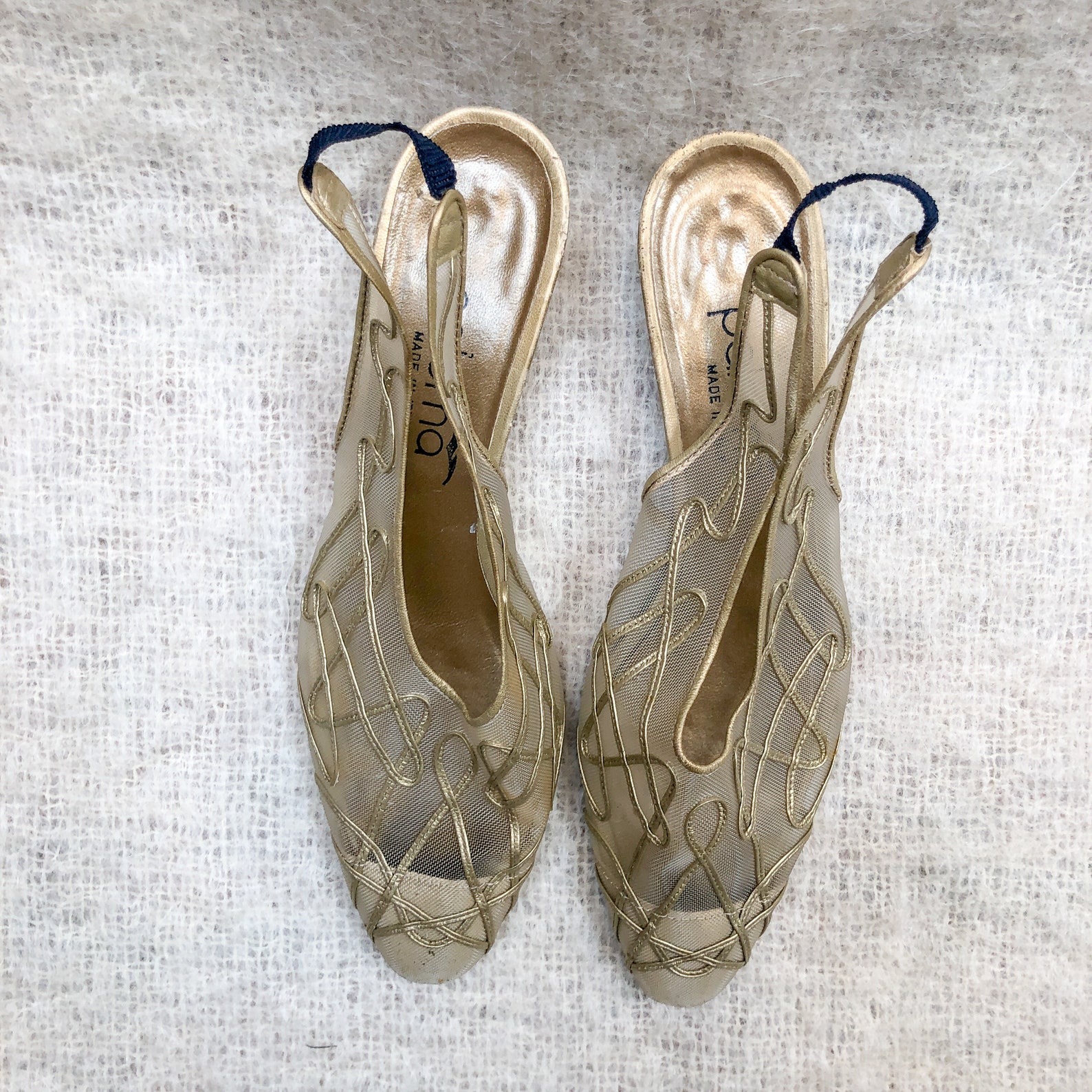 Vintage mesh kitten heels / metallic slip-on mules / Paloma | Etsy