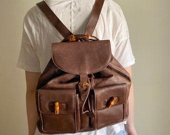 vintage Gucci bag / brown leather Gucci backpack with bamboo accents