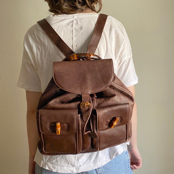 vintage Gucci bag / brown leather Gucci backpack with bamboo accents