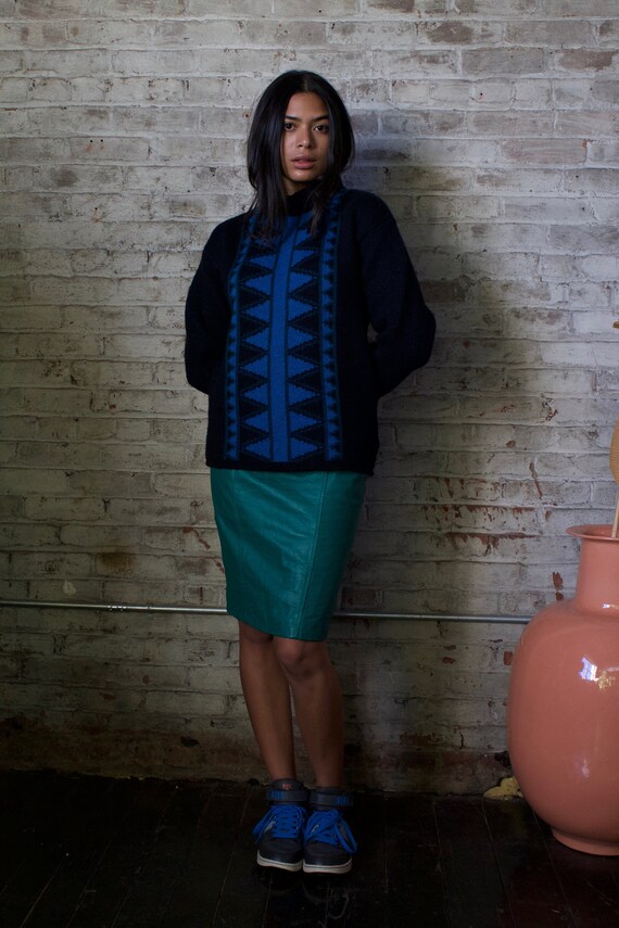 1980s Chia leather pencil skirt / 80s teal fitted