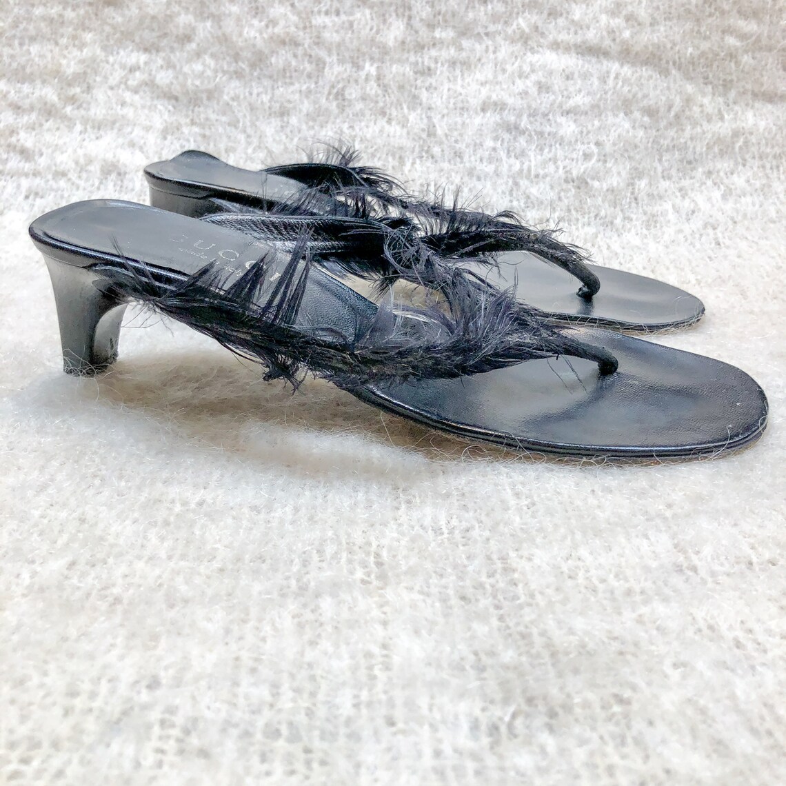 black kitten heel flip flops