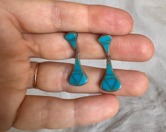 boucles d'oreilles pendantes vintage en argent et turquoises 