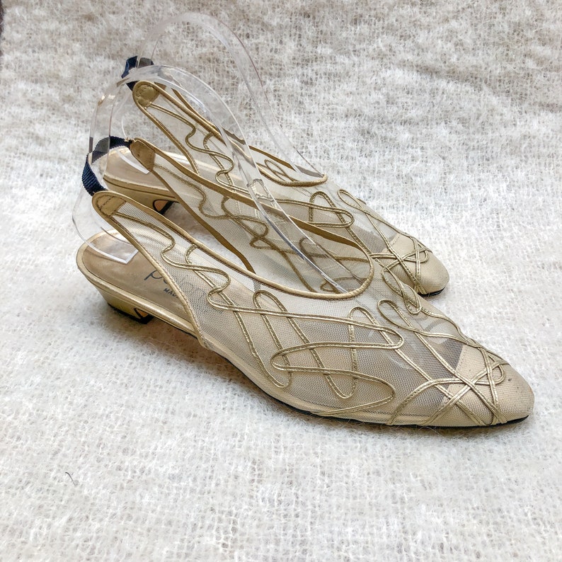 Vintage mesh kitten heels / metallic slip-on mules / Paloma | Etsy