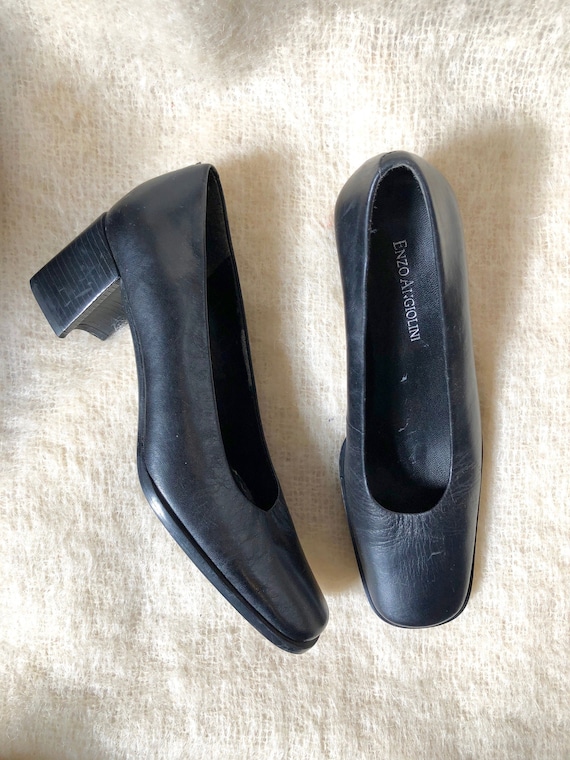 vintage black leather square toe heels / 90s chunk
