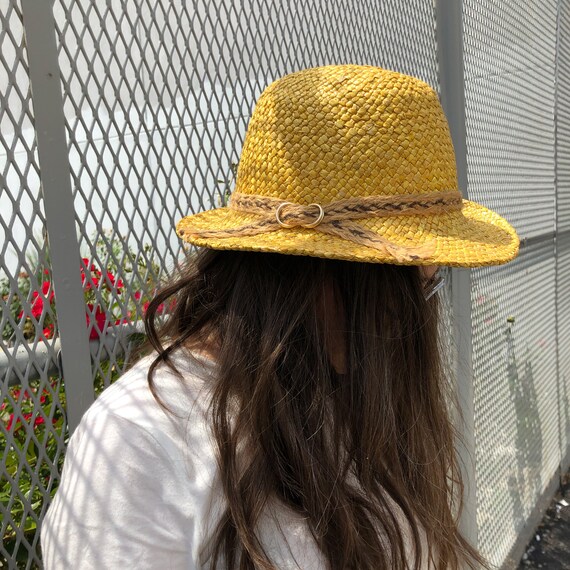 vintage fedora hat / raffia straw fedora / yellow