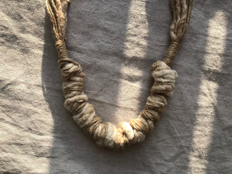 vintage natural fiber wrapped necklace / neutral minimal beachy fabric necklace image 3