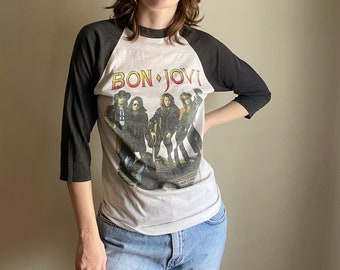 vintage Bon Jovi rock tee / 80s Bon Jovi baseball tee / 50 50 vintage ringer tshirt / tour tee band tee