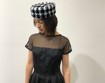 80s black and white houndstooth faux fur pillbox hat 