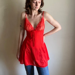 vintage red negligee / 80s lace nightie / vintage lingerie / red lace slip dress