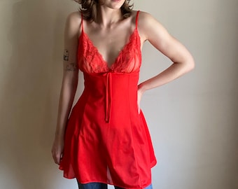 vintage red negligee / 80s lace nightie / vintage lingerie / red lace slip dress