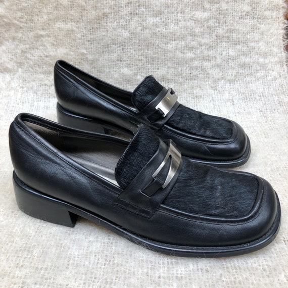 vintage pony hair loafers / fur shoes / 90s black